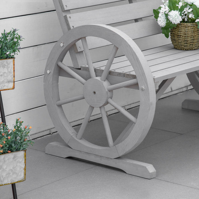 Outdoor 2-Seater Garden Bench with Cart Wagon Wheel Design - Rustic Wooden Armrest Chair, High Back in Grey - Ideal for Patio and Garden Relaxation