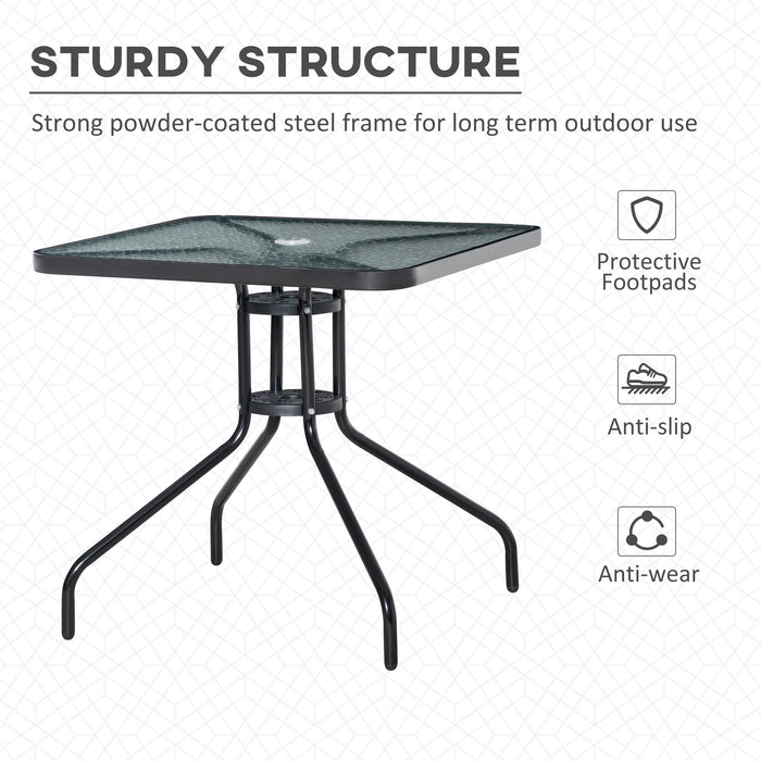 Tempered Glass Square Patio Table - Weather-Resistant Garden Bistro & Dining Table with Steel Frame, 76x76cm - Outdoor Entertainment with Umbrella Hole Compatibility