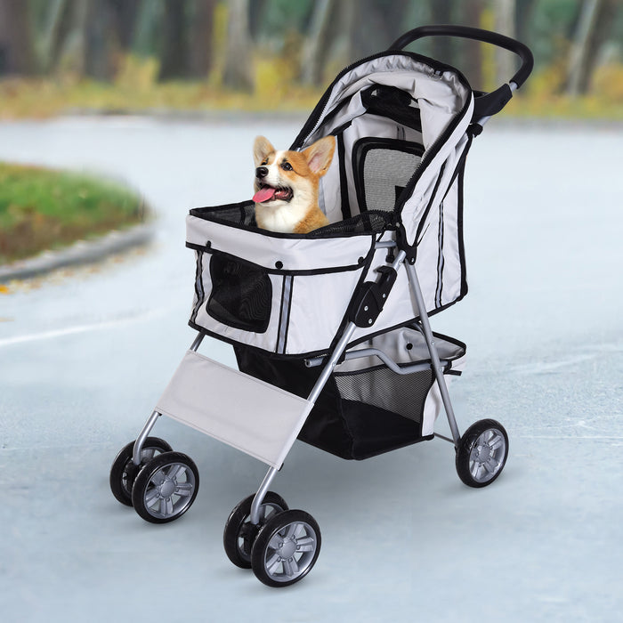 Foldable Pet Stroller with Zipper Entry - Dog Pushchair, Cup Holder & Storage Basket, Smooth-rolling Wheels - Travel-Friendly Carriage for Small to Medium Dogs, Grey Color