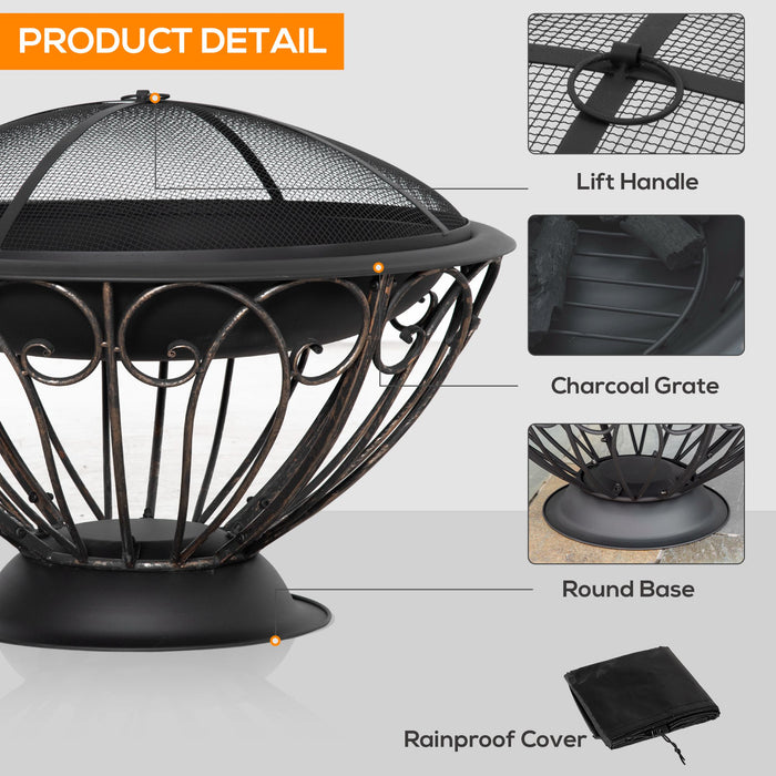 Metal Garden Fire Pit with Accessories - Outdoor Fireplace with Spark Screen, Poker, Log Grate, and Rainproof Cover in Bronze - Ideal Patio Heater for Cozy Evenings