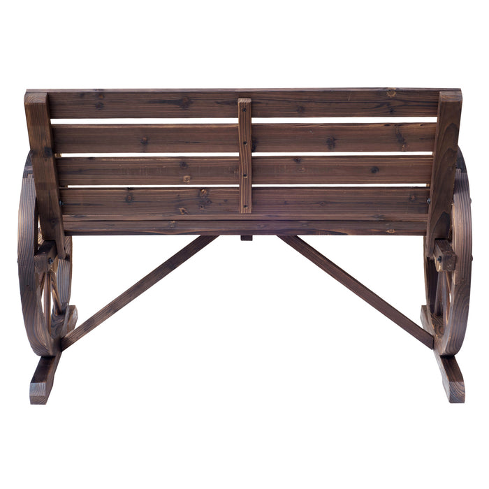 2-Seater Wooden Garden Bench with Rustic Wagon Wheel Design - High Back, Brown Outdoor Seating - Ideal for Patio Decor and Relaxation