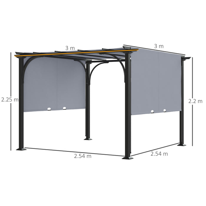 Retractable Garden Pergola 3x3m - Adjustable Canopy Sun Shade Shelter, Grey - Ideal for Outdoor Patio Leisure and Entertaining