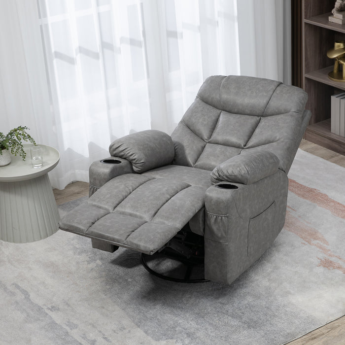 Manual Reclining Armchair with Footrest and Cup Holders - Faux Leather Comfortable Lounger - Ideal for Relaxation and Home Theater Seating, Grey, 86x93x102 cm