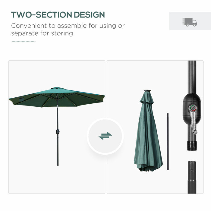 Patio LED Umbrella with Push Button Tilt/Crank - 2.7m Garden Parasol with 8 Rib Sun Shade, Green - Outdoor Table Market Umbrella for Sun Protection