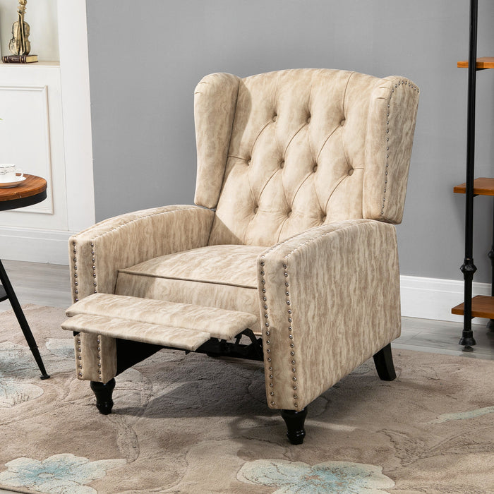 Studded Recliner with Retractable Footrest - Beige Upholstered Armchair with Nailhead Trim - Comfortable Seating for Relaxation and Home Lounging