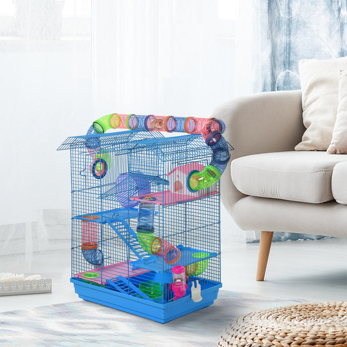 5-Tier Hamster Cage with Accessories - Exercise Wheels, Tunnel Tube, Water Bottle, Feeding Dishes, and Ladder Habitat - Perfect for Dwarf Mice and Small Rodents, Blue