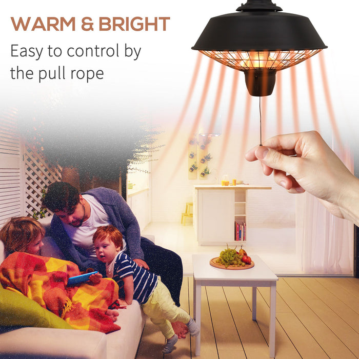 2100W Halogen Heater - Outdoor Ceiling-Mounted Electric Patio Warmer with Light, Black - Ideal for Gardens and Entertainment Spaces