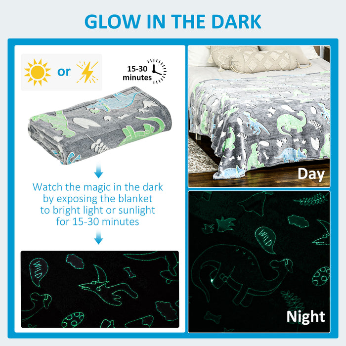 Kids Dinosaur Luminous Throw - Glow-in-the-Dark Flannel Fleece Blanket, Fluffy and Warm, 203x153cm in Grey - Cozy Night Comfort for Children