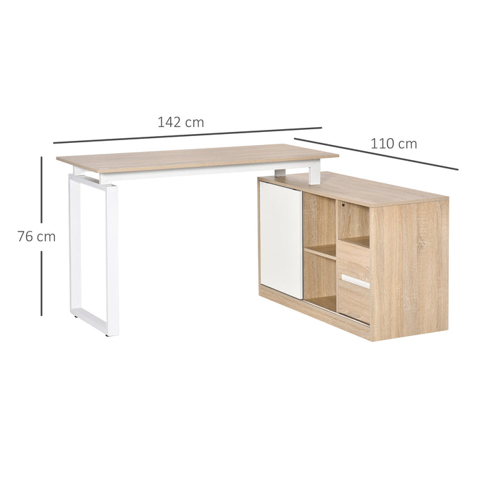 L-Shaped Oak Beige White Desk - Home Office Computer Workstation with Storage Shelf and Drawer - Space-Saving Corner Writing Table for Professionals