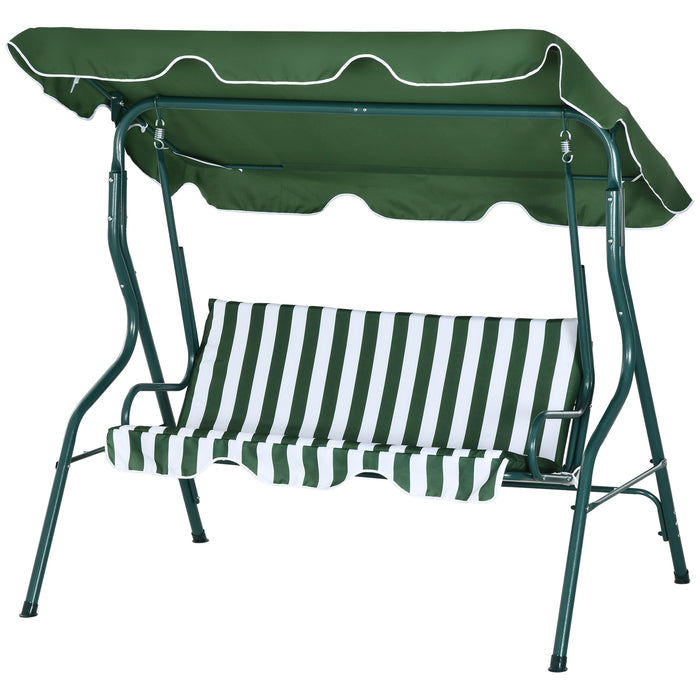 Adjustable Canopy 3-Seater Garden Swing - Outdoor Bench Chair with Metal Frame and Green Striped Cushions - Perfect for Patio, Relaxation and Comfort