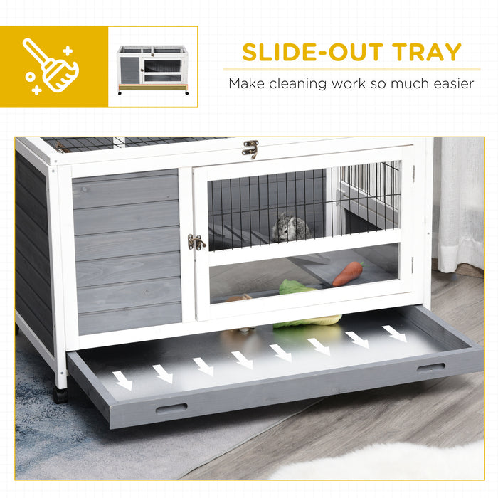 Elevated Wooden Rabbit Hutch - Bunny Cage with Easy Clean Slide-Out Tray for Pets, Indoor Use - Stylish Grey Home for Rabbits