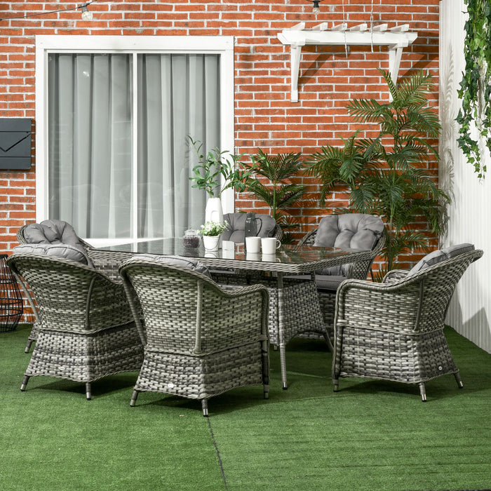 7-Piece PE Rattan Dining Set - Outdoor Patio Wicker Furniture with Tempered Glass Table Top & Umbrella Hole - Includes Cushions, Ideal for Al Fresco Dining & Entertaining in Grey