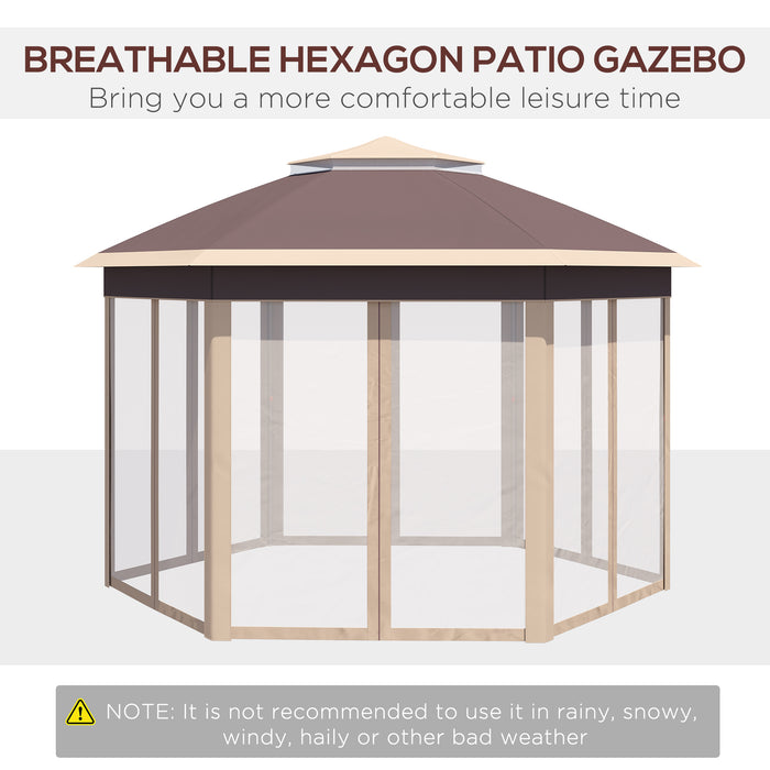 Hexagon Instant Pop-Up Gazebo - Double Roof Outdoor Patio Shelter with Netting, 3x4m, Khaki - Ideal for Garden Parties and Events