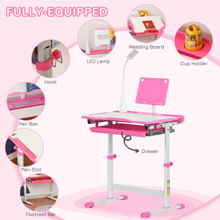 Height Adjustable Children's Study Desk with Chair - Ergonomic Design with USB Lamp and Storage Drawer - Ideal for Homework and Art Projects, Pink and White