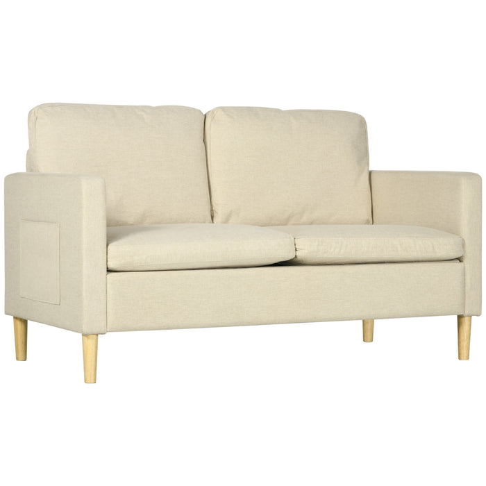 Modern 143cm Beige Loveseat - 2-Seater Fabric Sofa with Wood Legs and Dual Pockets - Ideal for Living Room, Bedroom, or Home Office