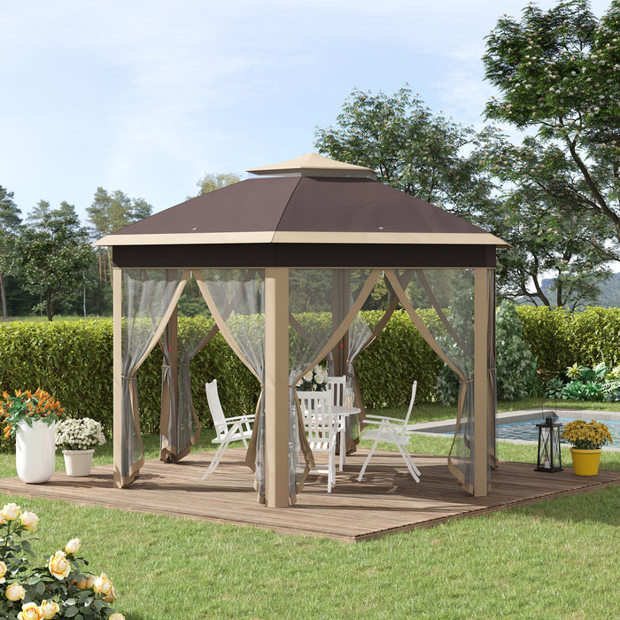 Hexagon Instant Pop-Up Gazebo - Double Roof Outdoor Patio Shelter with Netting, 3x4m, Khaki - Ideal for Garden Parties and Events