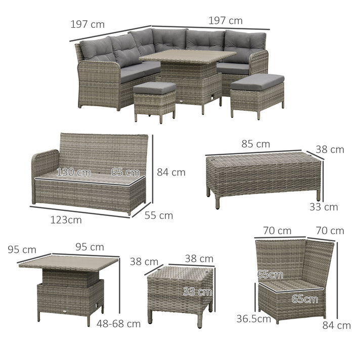 Outdoor Rattan 6-Piece Set - Garden Patio Furniture with Sectional Corner Sofa, Soft Padded Cushions & Adjustable Coffee Table - Ideal for Deck, Conservatory & Entertaining Spaces