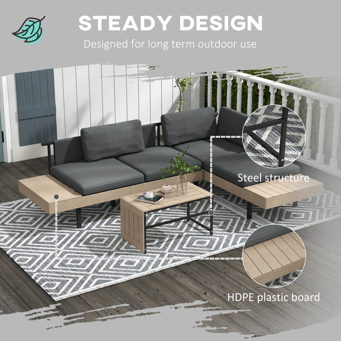 L Shaped 3-Piece Outdoor Sofa Set - HDPE Garden Furniture with Table and Cushions - Ideal for Poolside and Patio Lounging