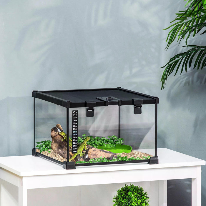 Reptile Glass Terrarium 30x30x20cm - Climbing Pet Breeding Tank with Arboreal Box Design - Includes Strip Patch Thermometer for Heat Monitoring