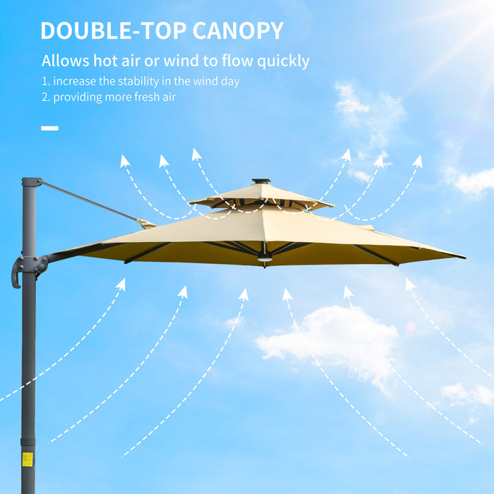 3M Cantilever Parasol with Solar Lights - Adjustable Canopy, 360° Rotation, Power Bank & Cross Base - Outdoor 2-Tier Roof Garden Umbrella for Sun Protection, Khaki