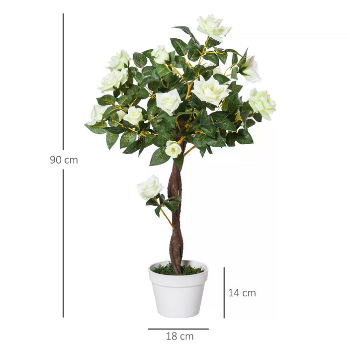 90cm Artificial Rose Tree with 21 Blooms - Faux Floral Decor in White & Green for Indoor/Outdoor - Elegant Accent for Home, Office, or as Event Centerpiece