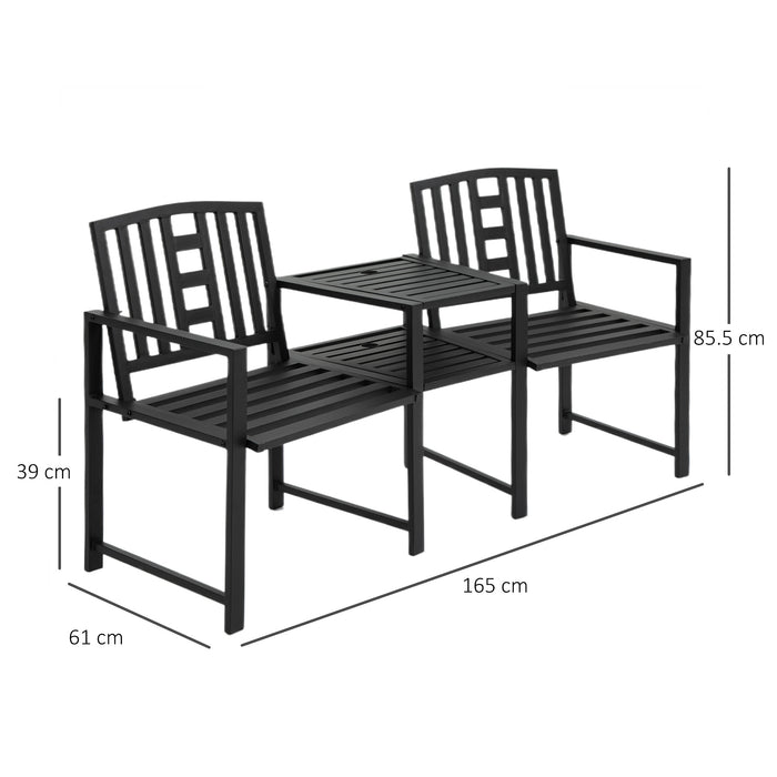 Patio Love Seat Bench with Central Coffee Table - Dual Seating Outdoor Furniture with Umbrella Slot and Slatted Steel Design - Romantic Garden and Deck Seating Solution