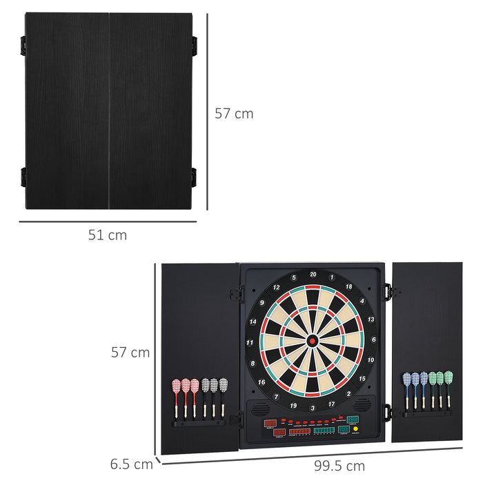 Electronic Dartboard with LED Scoreboard - Includes 12 Darts, 30 Heads, and Side Storage Cabinet - Classic Family Game for Home Entertainment in Black & White