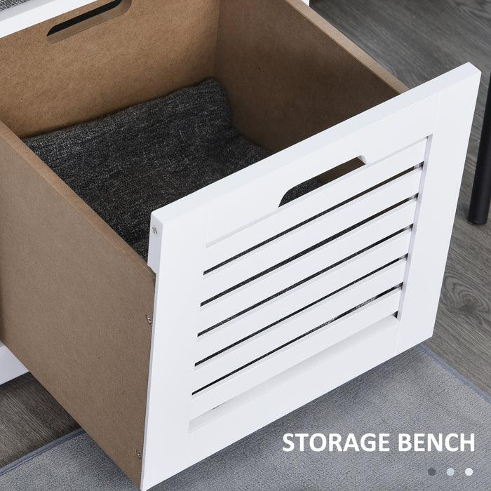 White Storage Bench with 3 Built-In Drawers - Hallway Seating & Organizational Solution with Removable Grey Cushion - Ideal for Entryway Clutter Management