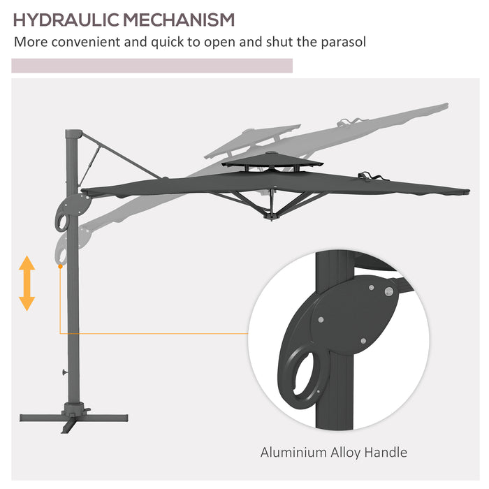 Cantilever Garden Parasol 3m with Hydraulic Lift - Dual Vented, 8-Rib Structure, Includes Cross Base - Ideal for Outdoor Shade and UV Protection