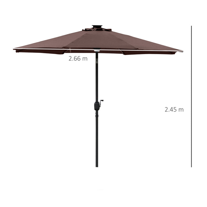 2.7m Garden Parasol with LED Solar Light - UV-Protective Angled Canopy Sun Umbrella with Vent and Crank Tilt - Outdoor Patio Summer Shelter, Coffee Brown