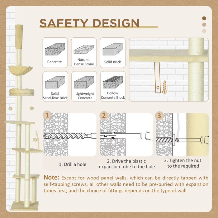 6-Tier Floor to Ceiling Cat Tree Play Tower - Climbing Activity Center with Multi-Level Platforms & Scratching Post - Adjustable Height for Kittens & Cats, Cozy Beige Design