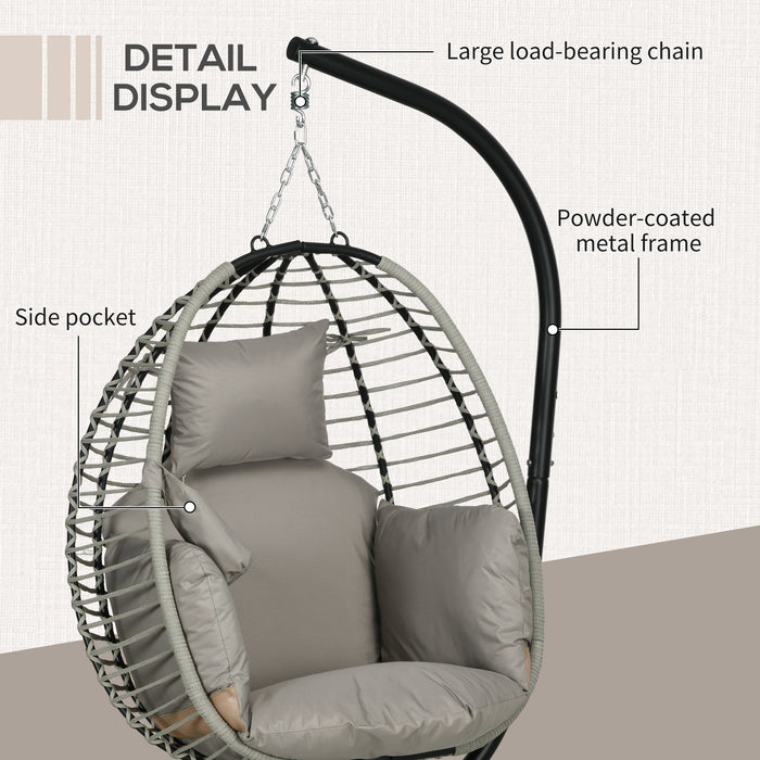 Outdoor Swing Chair with Cushioned Seat - Sturdy Metal Stand, Foldable Basket Design, Built-In Cup Holder - Comfy Hanging Lounger for Patio or Indoor Use, Grey