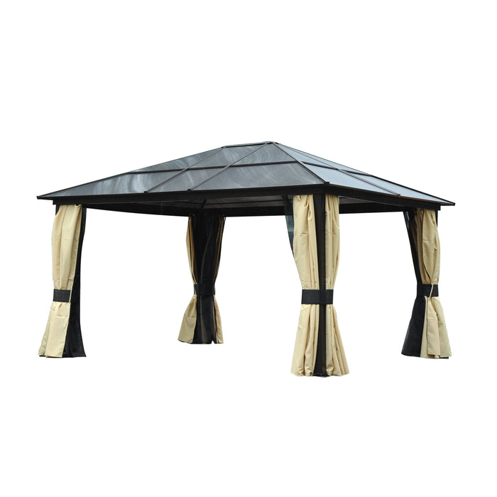 Hardtop Gazebo Canopy 4 x 3.6m - Polycarbonate Roof, Aluminium Frame, Garden Pavilion - Includes Mosquito Netting and Curtains for Outdoor Entertaining