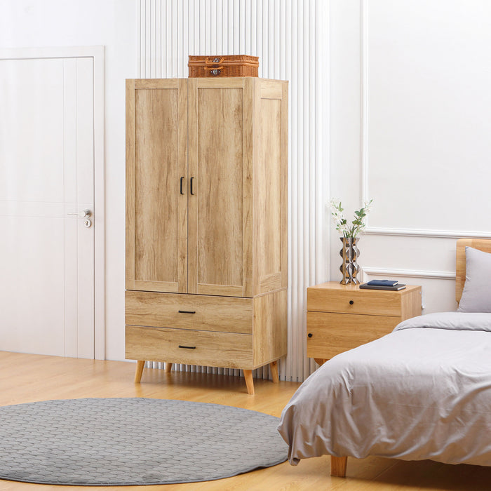 Modern 2-Door Bedroom Wardrobe - Sleek Design with 2-Drawer Storage and Hanging Rail - Space-Saving Closet Solution for a Natural Aesthetic