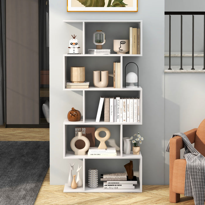 Geometric S-Shaped Bookcase - Anti-Toppling Feature, Suitable for Home Office, Living Room - Perfect for Minimalist White Interiors