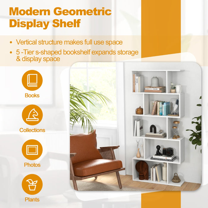 Geometric S-Shaped Bookcase - Anti-Toppling Feature, Suitable for Home Office, Living Room - Perfect for Minimalist White Interiors