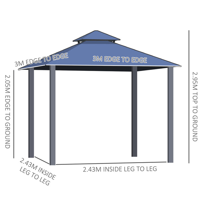 Polycarbonate Hardtop Gazebo Canopy 3x3m - Double-Tier Roof, Aluminium Frame, Garden Pavilion - Includes Mosquito Netting and Curtains for Outdoor Relaxation