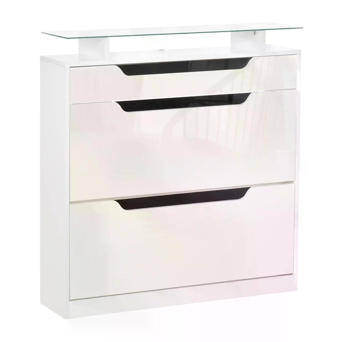 High Gloss 3-Drawer Shoe Cabinet with Glass Top - Flip Door Tipping Bucket, Adjustable Shelf Storage Cupboard - Organizes up to 14 Pairs of Shoes for Home Entryway