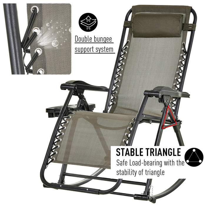 Outdoor Folding Rocking Chair - Adjustable Zero-Gravity Recliner with Headrest and Side Holder for Patio and Deck - Comfortable Sun Lounger for Garden Relaxation, Grey