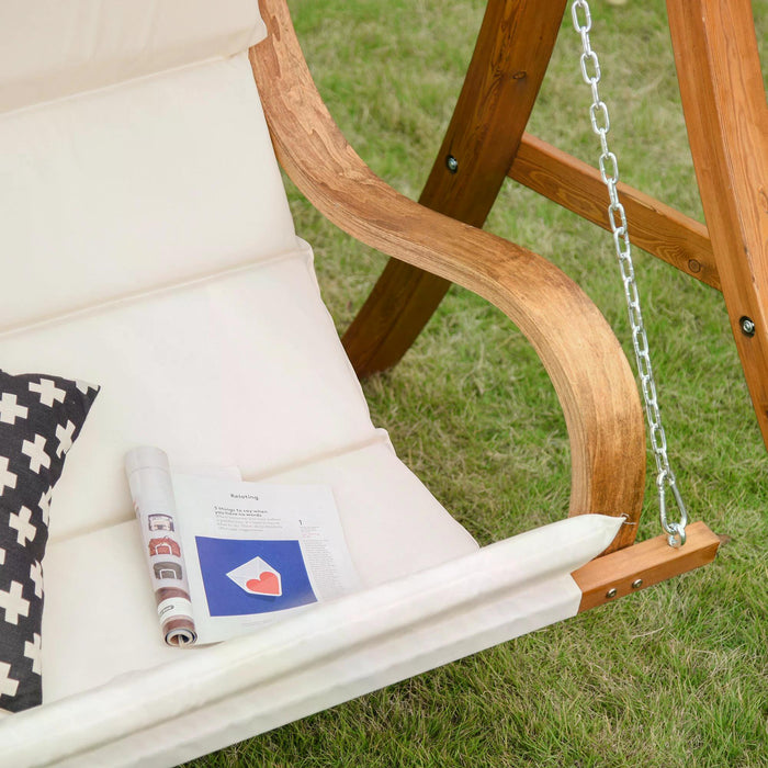 Deluxe Wooden Porch Swing Chair with A-Frame - Sturdy Wood Log Bench with Canopy and Cushion - Perfect for Patio, Garden, and Yard Relaxation