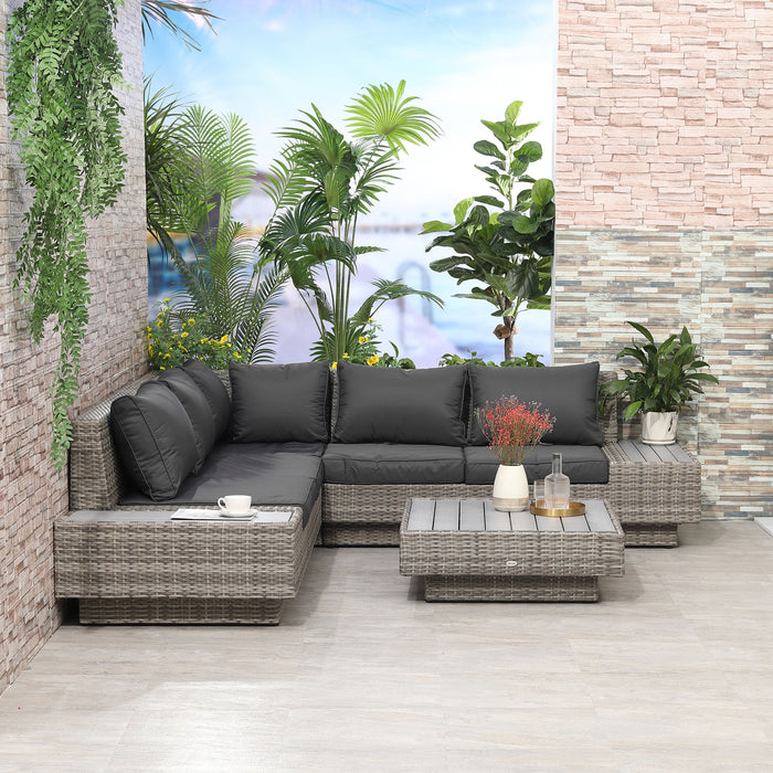 5-Seater Rattan Garden Furniture Set - Outdoor Sectional Corner Sofa & Coffee Table with Wicker Weave - Ideal for Conservatory & Patio with Armrest Cushions in Light Grey