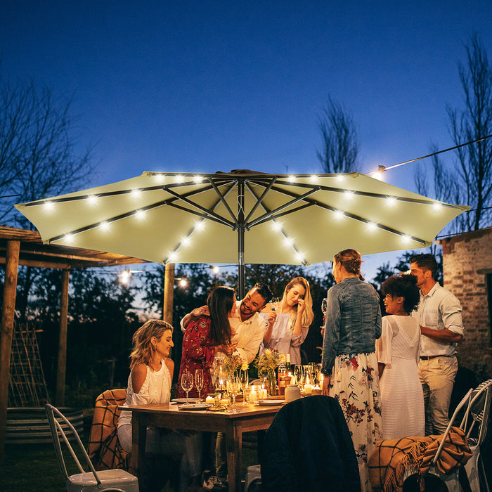 Solar-Powered 24 LED Parasol - Brown Outdoor Umbrella with Energy-Efficient Lighting - Perfect for Patio, Nighttime Ambiance