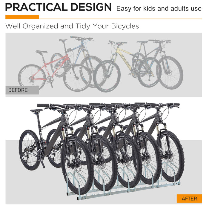 Bike Floor Rack for 5 Bicycles - Sturdy Silver Parking Stand - Space-Saving Storage Solution for Cyclists