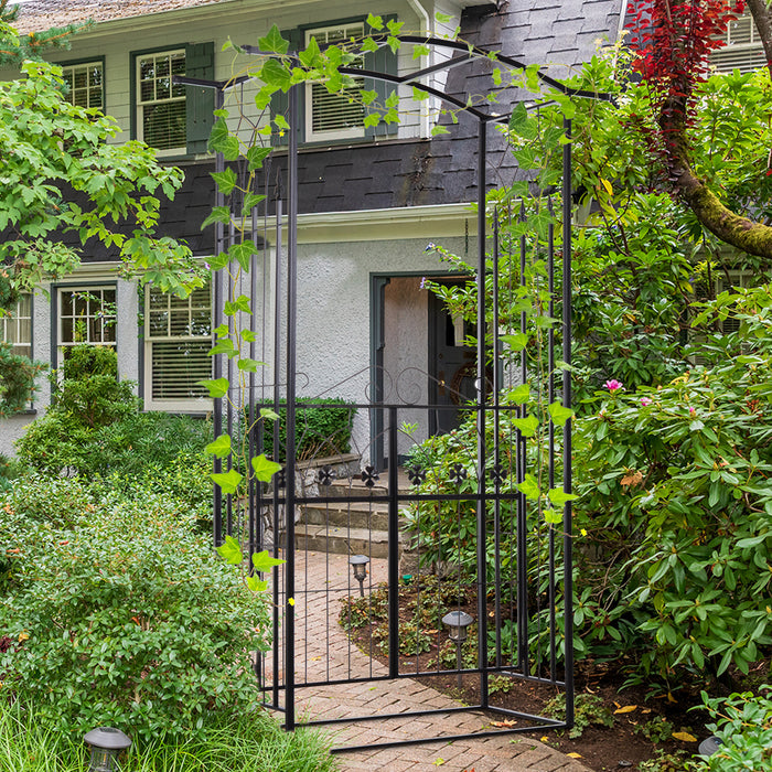 Garden Archway with Integrated Gate - Metal Frame Outdoor Entrance Arbor, Black Finish - Entryway Enhancer for Landscaping & Climbing Plants