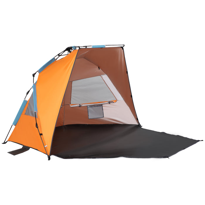 Pop Up Beach Tent with Extended Porch - Easy Setup Sun Shelter with Sandbags and Mesh Screen Windows - Portable Canopy for Solo or Duo Beachgoers