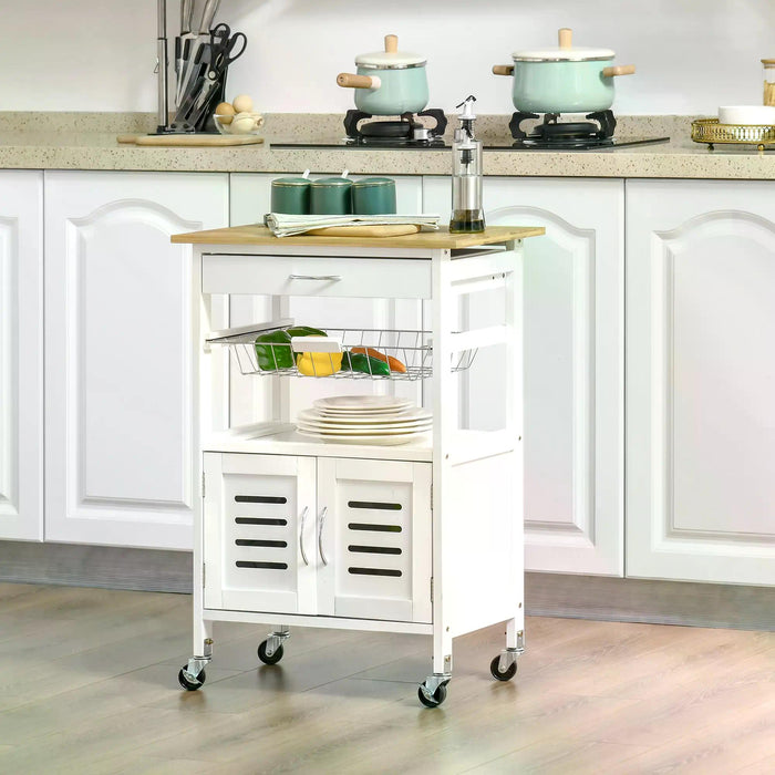 Kitchen Island Cart with Bamboo Top - Rolling Trolley with Storage, Drawer & Wire Basket - Mobile Utility Cart for Home Kitchen Organization