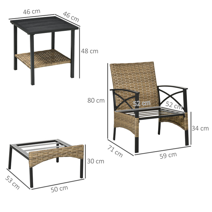 5-Piece PE Rattan Garden Set with Steel Tabletop - Includes 2 Armchairs, 2 Stools & Wicker Shelf - Comfy Padded Outdoor Seating for Patio & Backyard