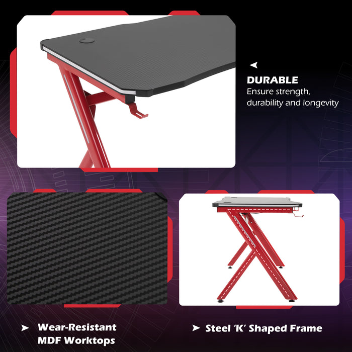 Gaming Desk with LED Lighting - Sturdy Metal Frame Computer Table with Cup Holder, Headphone Hook & Cable Management - Ideal for Gamers & Home Office Use