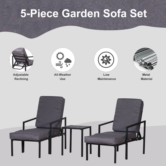 5-Piece Garden Patio Sun Lounger Set - Reclining Chairs with Footstools and Coffee Table, Metal Frame & Cushioned Seats - Ideal for Outdoor Relaxation and Entertainment