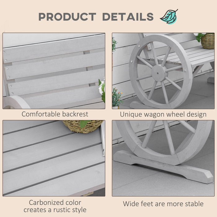 Outdoor 2-Seater Garden Bench with Cart Wagon Wheel Design - Rustic Wooden Armrest Chair, High Back in Grey - Ideal for Patio and Garden Relaxation